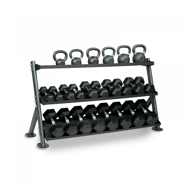 Dumbbell & Cast Kettlebell Set with 3-Tier Rack